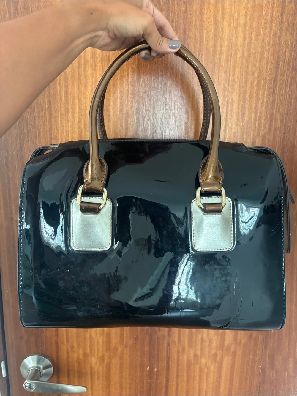 Large Black Charol Satchel with Tan Handles